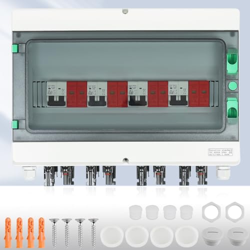 Warmfay Überspannungsschutz PV DC1000V Blitzschutz Leitungsschutzschalter 32A DC Trennschalter PV Anlage 4 String, IP65 Wasserdicht & UV-Beständig Solar Anschlusskasten 4 in 4 out von Warmfay