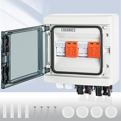 Warmfay Überspannungsschutz PV DC1000V Blitzschutz PV Anlage 20-40KA, Solar Überspannungsschutz 2 String 8 Module mit 16A-Sicherung, IP65 Wasserdicht & UV-Beständig Solar Anschlusskasten 2 in 2 out von Warmfay