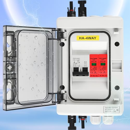 Warmfay Überspannungsschutz PV Solar Trennschalter Blitzschutz DC Leitungsschutzschalter 1000V DC 32A, PV Anschlusskasten 1 String 4 Module(1 In 1 Out) für PV Anlage Photovoltaik IP65 Wasserdichtes von Warmfay