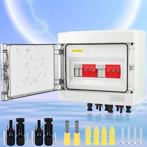 Warmfay Überspannungsschutz PV Solar Blitzschutz 1000V DC 20-40KA T2, PV Anschlusskasten 2 String 12 Module(2 In 2 Out) für PV Anlage Photovoltaik IP65 Wasserdichtes von Warmfay