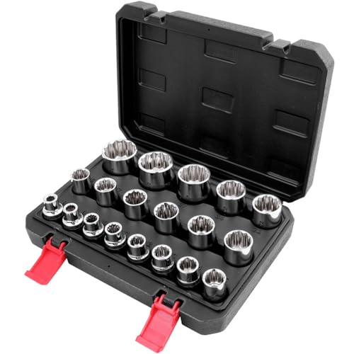 Warmfay Vielzahn Steckschlüssel Satz 1/2", 19tlg 8-32mm Zwölfkant 12 Kant Nusskasten Nuss Set, CV-Stahl Torx Stecknüsse System Universal Innensechskant Nuss Satz von Warmfay