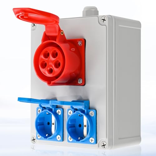 Warmfay Wandverteiler Baustromverteiler Vorverkabelt Stromverteiler, 2x 16A 230V Schuko Steckdosen + 1x CEE 16A 380V, IP67 Wasserdicht Gehäuse für Innen und Außen von Warmfay