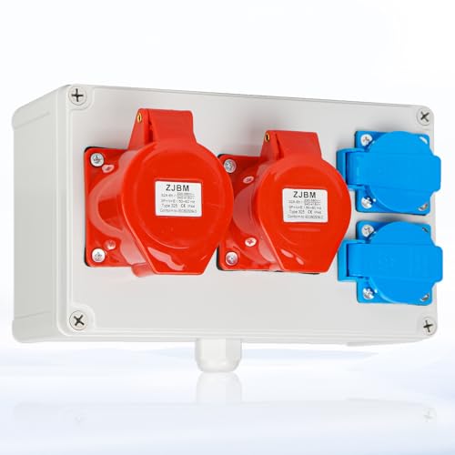 Warmfay Wandverteiler Baustromverteiler Vorverkabelt Stromverteiler, 2x 230V Schuko Steckdosen + 1x CEE 32A 400V + 1x CEE 16A 380V, IP67 Wasserdicht Gehäuse für Innen und Außen von Warmfay