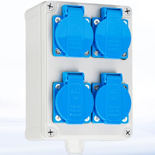 Warmfay Wandverteiler Baustromverteiler Vorverkabelt Stromverteiler, mit 4x 16A 230V Schuko Steckdosen, IP67 Wasserdicht Gehäuse für Innen und Außen von Warmfay