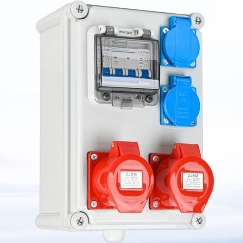 Warmfay Wandverteiler Vorverkabelt Stromverteiler, 2x 230V Schuko Steckdosen + 2x CEE 16A 380V, Baustromverteiler mit Leitungsschutzschalter, IP67 Wasserdicht Gehäuse für Innen und Außen von Warmfay