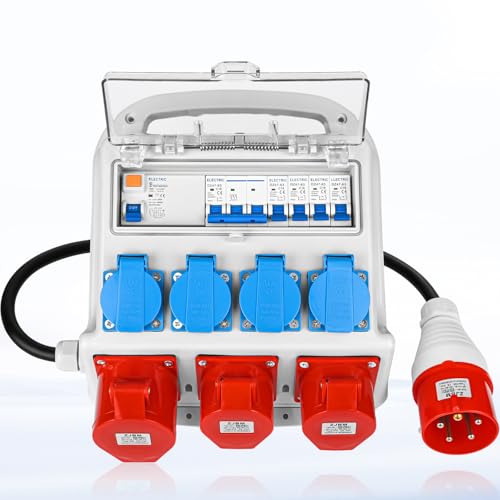 Warmfay Wandverteiler Vorverkabelt Stromverteiler, 4x 230V Schuko Steckdosen + 2x CEE 16A + 1x CEE 32A, Baustromverteiler mit FI-Schalter und LS Schalter, IP67 Wasserdicht Gehäuse für Innen und Außen von Warmfay