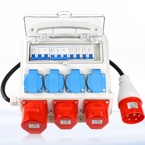 Warmfay Wandverteiler Vorverkabelt Stromverteiler, 4x 230V Schuko Steckdosen + 2x CEE 16A + 1x CEE 32A, Baustromverteiler mit Leitungsschutzschalter, IP67 Wasserdicht Gehäuse für Innen und Außen Warmfay Wandverteiler Vorverkabelt Stromverteiler, 4x 230V Schuko Steckdosen + 2x CEE 16A + 1x CEE 32A, Baustromverteiler mit Leitungsschutzschalter, IP67 Wasserdicht Gehäuse für Innen und Außen von Warmfay