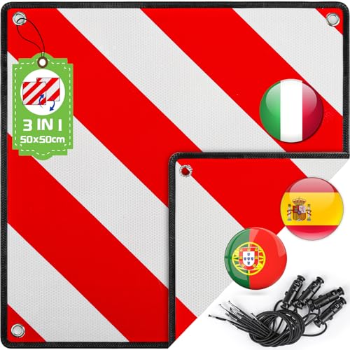Warmfay Warntafel für Italien Spanien und Portugal Fahrradträger, 3 In 1 Alu Rot Weiß Reflektierend Warnschild 50x50CM mit 4X Spannseile, Zertifizierte für Fahrradträger Heckträger Auto Wohnmobil Warmfay Warntafel für Italien Spanien und Portugal Fahrradträger, 3 In 1 Alu Rot Weiß Reflektierend Warnschild 50x50CM mit 4X Spannseile, Zertifizierte für Fahrradträger Heckträger Auto Wohnmobil von Warmfay