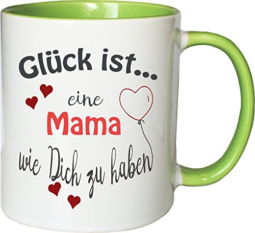 WarmherzIch Becher Tasse Glück ist… Mama Kaffee Kaffeetasse liebevoll Bedruckt Mutter Mama Muttertag Weiß-Grün von WarmherzIch