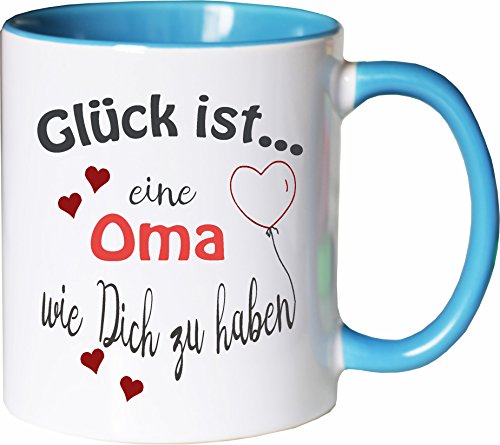 WarmherzIch Becher Tasse Glück ist… Oma Kaffee Kaffeetasse liebevoll Bedruckt Omi Großmutter Muttertag Weiß-Hellblau von WarmherzIch