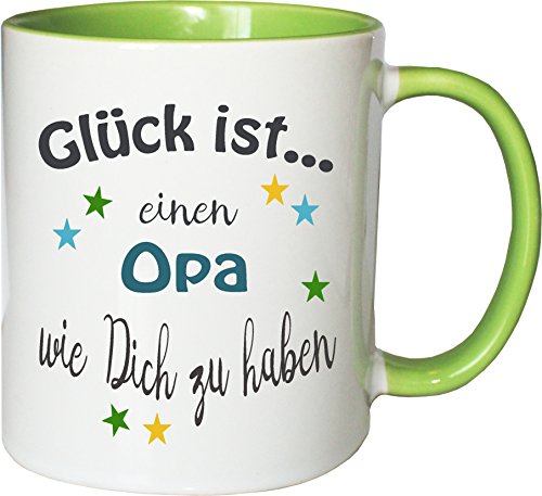 WarmherzIch Becher Tasse Glück ist… Opa Kaffee Kaffeetasse liebevoll Bedruckt Opi Großvater Vatertag Weiß-Grün von WarmherzIch