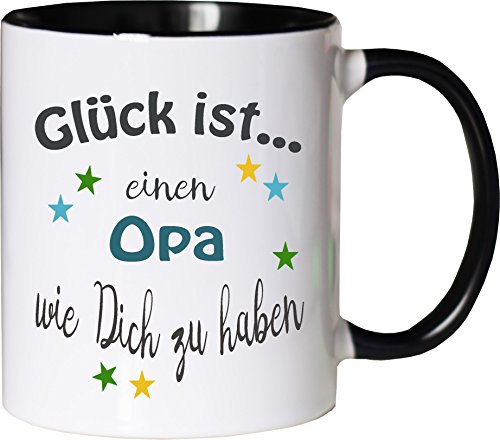 WarmherzIch Becher Tasse Glück ist… Opa Kaffee Kaffeetasse liebevoll Bedruckt Opi Großvater Vatertag Weiß-Schwarz von WarmherzIch