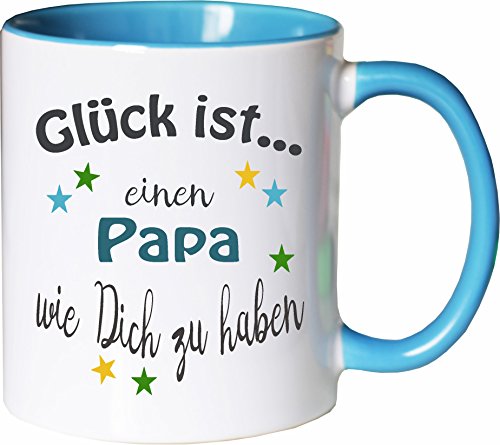 WarmherzIch Becher Tasse Glück ist… Papa Kaffee Kaffeetasse liebevoll Bedruckt Vater Vati Vatertag Vadder Weiß-Hellblau von WarmherzIch