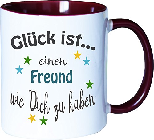 WarmherzIch Becher Tasse Glück ist…. Freund Kaffee Kaffeetasse liebevoll Bedruckt Buddy Bro Kumpel Weiß-Bordeaux von WarmherzIch