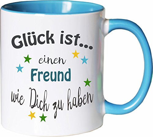 WarmherzIch Becher Tasse Glück ist…. Freund Kaffee Kaffeetasse liebevoll Bedruckt Buddy Bro Kumpel Weiß-Hellblau von WarmherzIch