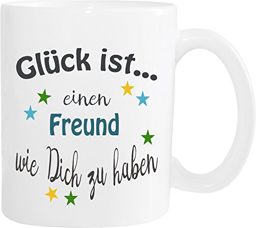 WarmherzIch Becher Tasse Glück ist…. Freund Kaffee Kaffeetasse liebevoll Bedruckt Buddy Bro Kumpel Weiß von WarmherzIch