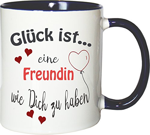 WarmherzIch Becher Tasse Glück ist… Freundin Kaffee Kaffeetasse liebevoll Bedruckt Trauzeugin BFF Frineds Forever Weiß-Blau von WarmherzIch