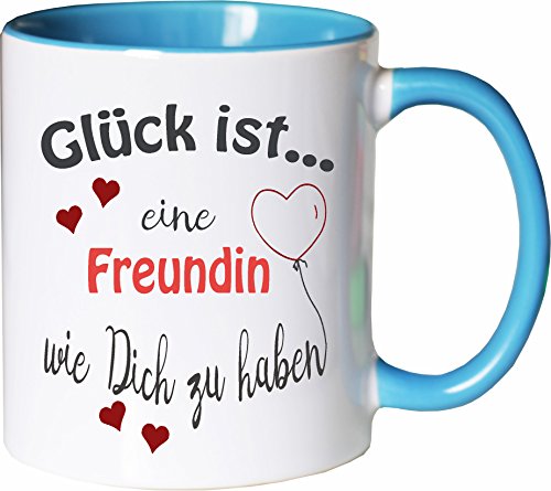 WarmherzIch Becher Tasse Glück ist… Freundin Kaffee Kaffeetasse liebevoll Bedruckt Trauzeugin BFF Frineds Forever Weiß-Hellblau von WarmherzIch