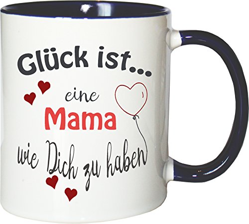 WarmherzIch Becher Tasse Glück ist… Mama Kaffee Kaffeetasse liebevoll Bedruckt Mutter Mama Muttertag Weiß-Blau von WarmherzIch