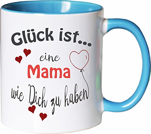 WarmherzIch Becher Tasse Glück ist… Mama Kaffee Kaffeetasse liebevoll Bedruckt Mutter Mama Muttertag Weiß-Hellblau von WarmherzIch