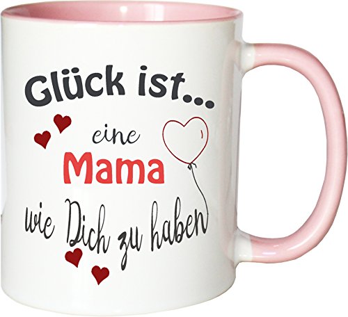 WarmherzIch Becher Tasse Glück ist… Mama Kaffee Kaffeetasse liebevoll Bedruckt Mutter Mama Muttertag Weiß-Rosa von WarmherzIch