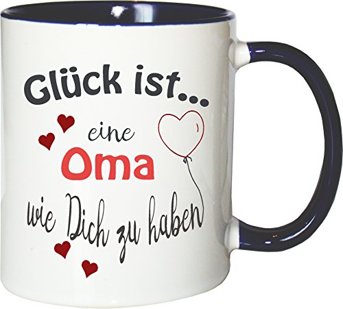 WarmherzIch Becher Tasse Glück ist… Oma Kaffee Kaffeetasse liebevoll Bedruckt Omi Großmutter Muttertag Weiß-Blau von WarmherzIch