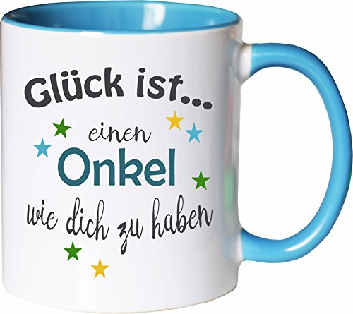 WarmherzIch Becher Tasse Glück ist… Onkel Kaffee Kaffeetasse liebevoll Bedruckt Bruder Bro Freund Geburt Weiß-Hellblau von WarmherzIch
