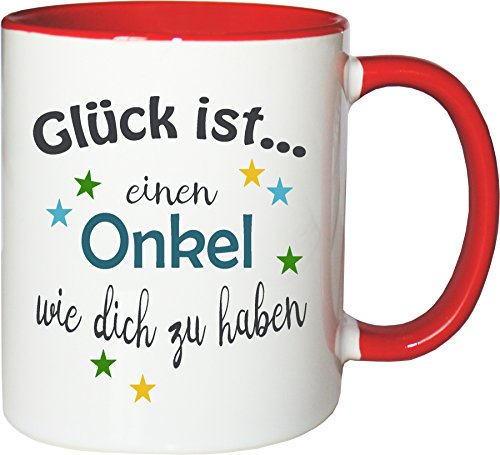 WarmherzIch Becher Tasse Glück ist… Onkel Kaffee Kaffeetasse liebevoll Bedruckt Bruder Bro Freund Geburt Weiß-Rot von WarmherzIch