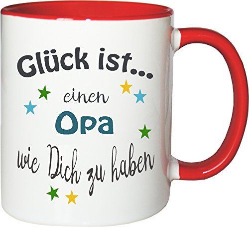 WarmherzIch Becher Tasse Glück ist… Opa Kaffee Kaffeetasse liebevoll Bedruckt Opi Großvater Vatertag Weiß-Rot von WarmherzIch