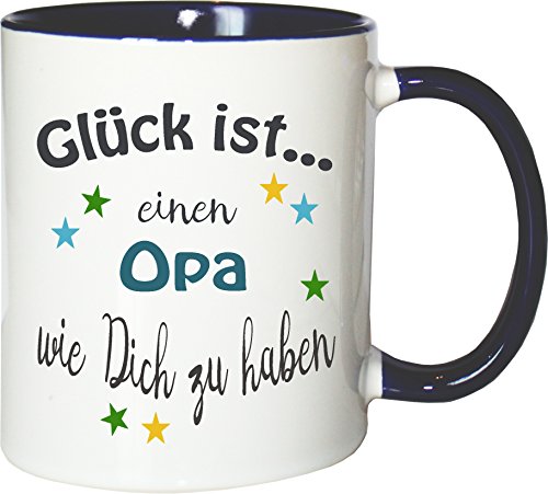 WarmherzIch Becher Tasse Glück ist… Opa Kaffee Kaffeetasse liebevoll Bedruckt Opi Großvater Vatertag Weiß-Blau von WarmherzIch