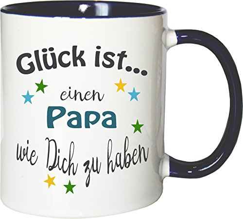 WarmherzIch Becher Tasse Glück ist… Papa Kaffee Kaffeetasse liebevoll Bedruckt Vater Vati Vatertag Vadder Weiß-Blau von WarmherzIch