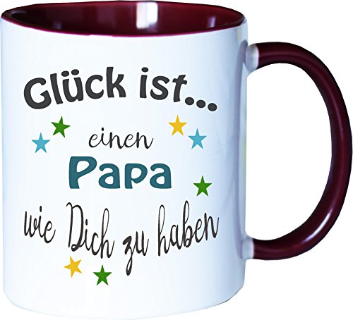 WarmherzIch Becher Tasse Glück ist… Papa Kaffee Kaffeetasse liebevoll Bedruckt Vater Vati Vatertag Vadder Weiß-Bordeaux von WarmherzIch