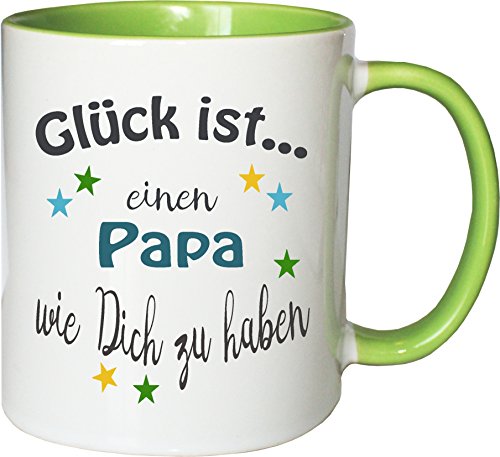 WarmherzIch Becher Tasse Glück ist… Papa Kaffee Kaffeetasse liebevoll Bedruckt Vater Vati Vatertag Vadder Weiß-Grün von WarmherzIch
