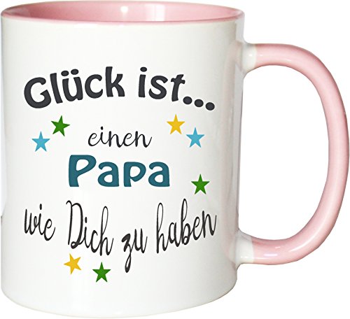 WarmherzIch Becher Tasse Glück ist… Papa Kaffee Kaffeetasse liebevoll Bedruckt Vater Vati Vatertag Vadder Weiß-Rosa von WarmherzIch