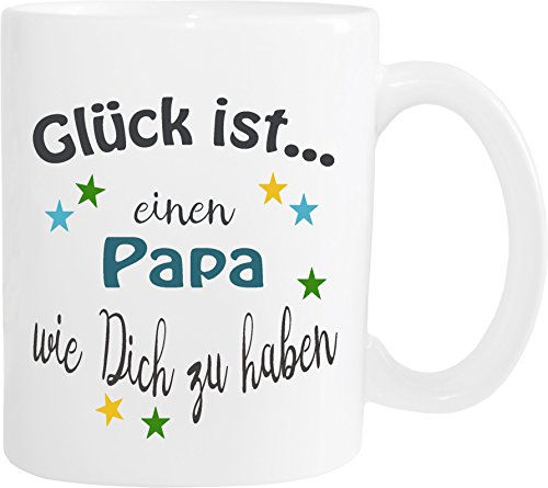 WarmherzIch Becher Tasse Glück ist… Papa Kaffee Kaffeetasse liebevoll Bedruckt Vater Vati Vatertag Vadder Weiß von WarmherzIch