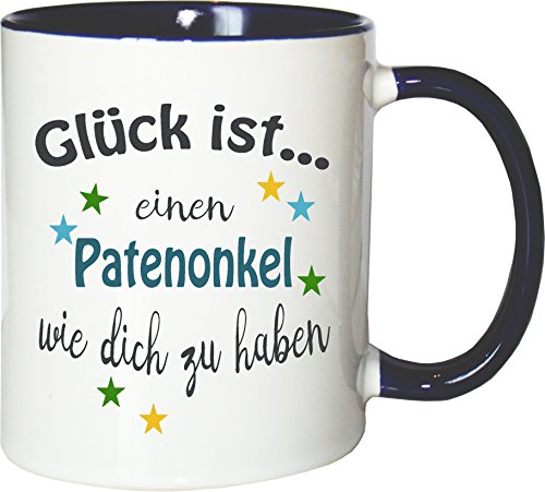 WarmherzIch Becher Tasse Glück ist… Patenonkel Kaffee Kaffeetasse liebevoll Bedruckt Freund Bruder Bro Geburt Weiß-Blau von WarmherzIch