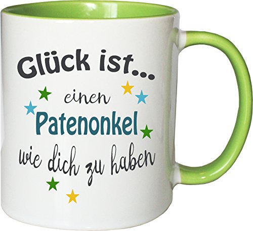 WarmherzIch Becher Tasse Glück ist… Patenonkel Kaffee Kaffeetasse liebevoll Bedruckt Freund Bruder Bro Geburt Weiß-Grün von WarmherzIch