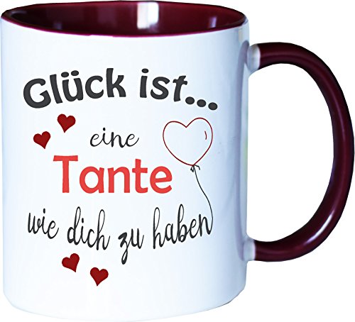 WarmherzIch Becher Tasse Glück ist… Tante Kaffee Kaffeetasse liebevoll Bedruckt Freundin Schwester Geburt Weiß-Bordeaux von WarmherzIch