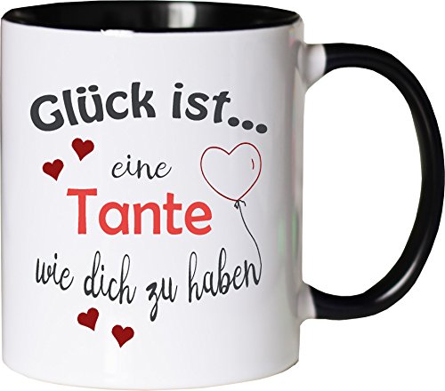 WarmherzIch Becher Tasse Glück ist… Tante Kaffee Kaffeetasse liebevoll Bedruckt Freundin Schwester Geburt Weiß-Schwarz von WarmherzIch