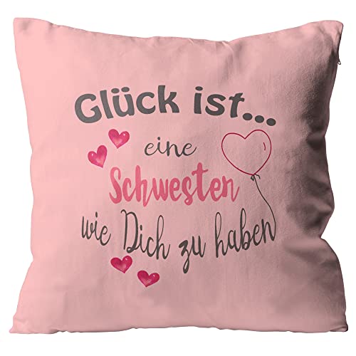 WarmherzIch Kissen Glück ist eine Schwester wie Dich zu haben - Kissenbezug mit Füllung, 45cm - Kissenhülle aus Baumwolle - Geschenk Sis Sister Geburtstag von WarmherzIch