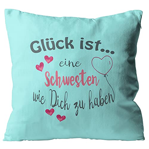 WarmherzIch Kissen Glück ist eine Schwester wie Dich zu haben - Kissenbezug mit Füllung, 45cm - Kissenhülle aus Baumwolle - Geschenk Sis Sister Geburtstag von WarmherzIch