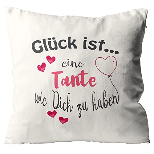 WarmherzIch Kissen Glück ist eine Tante wie Dich zu haben - Kissenbezug mit Füllung, 45cm - Kissenhülle aus Baumwolle - Geschenk Geburtstag von WarmherzIch