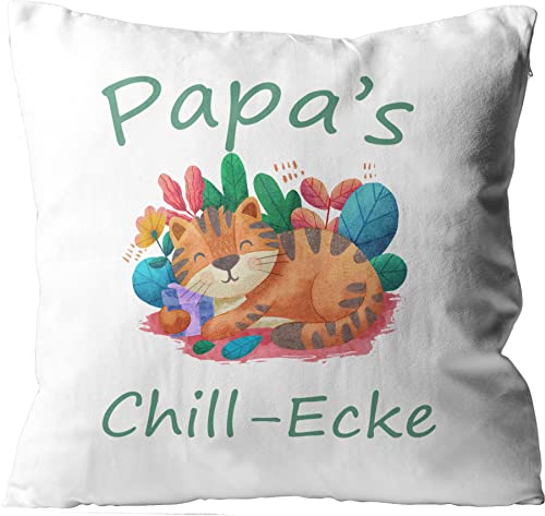 WarmherzIch Kissen Papas Chill Ecke - Kissenbezug mit Füllung, 45cm - Kissenhülle aus Baumwolle - Geschenk Papa Schnarchecke Couch Chillen von WarmherzIch