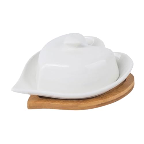 Warmhm Dekorative Keramik Butterdose Satz mit Herzförmigem Teller und Holzgriff Spülmaschinengeeignet Vintage Design für Tischdekoration für Butter und Snacks 1 Satz von Warmhm
