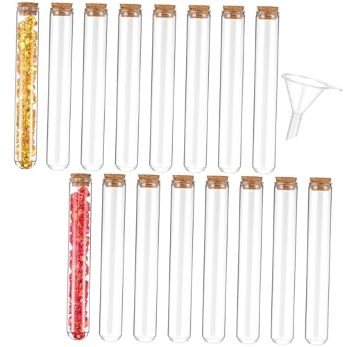 Warmhm 16 Stück Teiliges Glas Reagenzgläser mit Korken Verschluss Transparente Reagenzflaschen mit Dichtem Verschluss und Praktischem Trichter für Dekoration Aufbewahrung und DIY von Warmhm