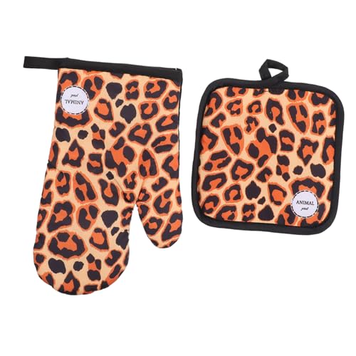Warmhm 2Stücke Hitzebeständige Mikrowellen Ofenhandschuhe mit Wärmeisoliermatte Leopard Design Praktisch für Backen und Grillen Einfach zu Reinigen Lagern von Warmhm
