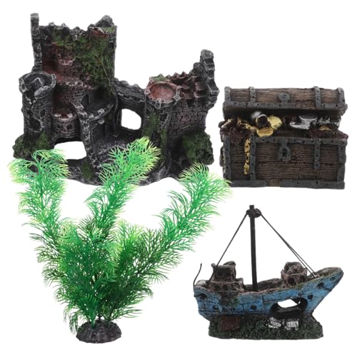 Warmhm 4 Stück Teiliges Aquarium Deko Schloss Schiffswrack Resin Schatztruhe Versteck Höhle Krebshöhle Künstliche Wasserpflanzen Fisch Aquarium Ornament von Warmhm