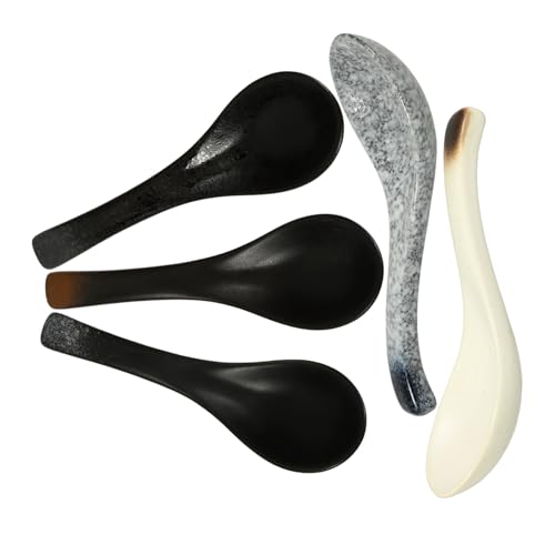 Warmhm 5 Stück Teiliges Japanisches Porzellan Ramen Suppenlöffel Leichte Keramiklöffel mit Ergonomischem Griff Asiatische Suppenlöffel für Ramen Pho Wonton Einfach zu Reinigen und von Warmhm
