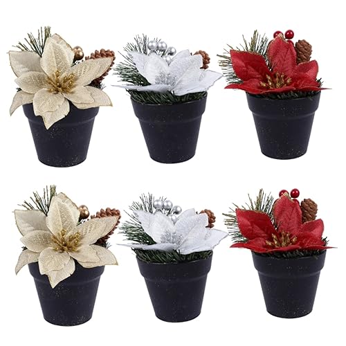 Warmhm 6 STK Künstliche Seidenblume Künstliche Weihnachtssternblume Weihnachtsschmuck Weihnachtsstern Künstliche Blumen Künstliche Weihnachtsblumen Fälschung Eisendraht Mini Statue von Warmhm