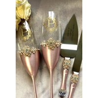 Erröten Rosa Hochzeit Flöten Personalisierte Gläser Erröten Kuchen Server Messer Champagner Für Braut Und Bräutigam Schneiden Set von WarmhomeGifts